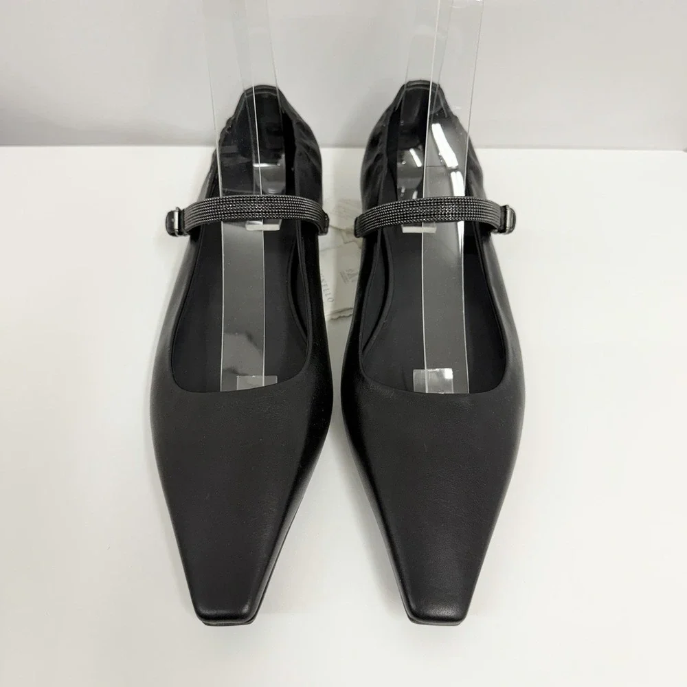 Brunello Cucinelli Mary Jane Leather Shoes Black Monili Crystal NWT $1350 38 1/2